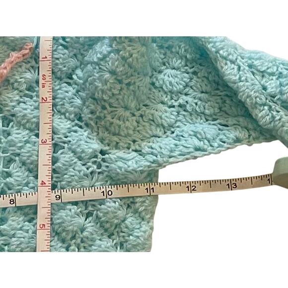 Hand Crochet Girl's Hoodie Sweater Blue/Green Pastel with Pink Trim, 18-24 mos. - Picture 5 of 7